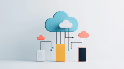 Poster - Cloud computing concept with colorful devices connected to cloud shapes, symbolizing data connectivity and cloud technology