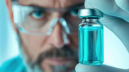 Poster - scientist examining syringe with transparent liquid