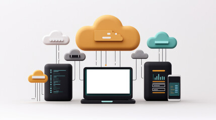 Poster - Cloud computing concept with laptop, smartphone, and data icons connected to clouds