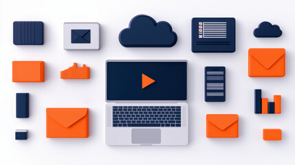 Poster - laptop surrounded various digital icons, including clouds and envelopes, symbolizes modern technology