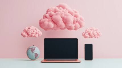 Poster - A laptop and smartphone with pink clouds and globe on pastel background