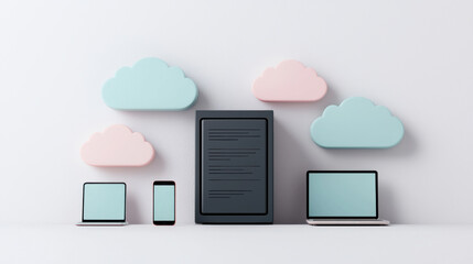 Poster - Cloud computing concept with devices and server surrounded pastel clouds, symbolizing data connectivity and cloud technology