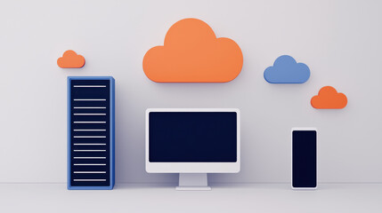 Poster - Cloud computing concept with server, monitor, and smartphone icons against white background, symbolizing data connectivity and cloud technology