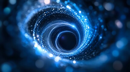 Poster - Glowing spiral tunnel with blue light particles and bokeh effects creating mystical space vortex atmosphere. Abstract cosmic background for sci-fi concepts.