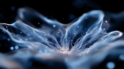 Poster - Ethereal macro photography of translucent flower petals with water drops and bokeh effects on dark background, creating dreamy artistic nature composition.
