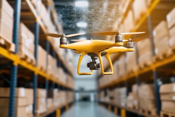 Poster - Yellow drone flying in modern warehouse environment