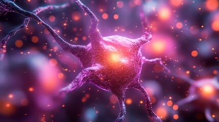 Poster - Glowing neuron cell with electrical synaptic connections on purple and orange background with bokeh effect, showing neural network activity in brain tissue.