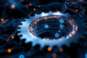 Poster - Glowing gear mechanism with digital network connections and orange light particles floating in dark blue technological environment. Modern industrial concept.