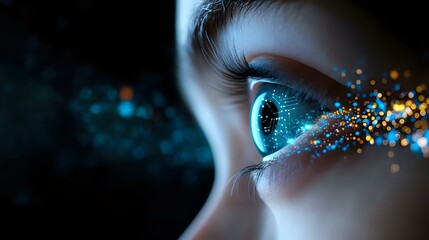 Poster - Magical blue eye with glowing sparkles and particles dispersing into darkness, close-up macro photography showing intricate iris details and creative light effects.