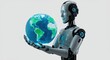 © Yaren Aysan - Futuristic robot holding a glowing digital world, symbolizing global connection and advanced technology in a clean environment