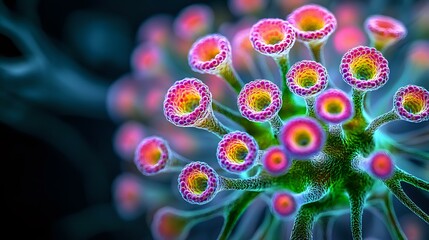 Poster - Microscopic view of colorful virus particles showing detailed spike proteins in pink and yellow against dark background, scientific visualization for medical research and education.