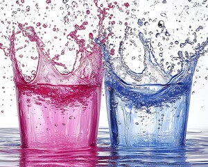 Poster - Two colorful glasses with dynamic water splashes and droplets