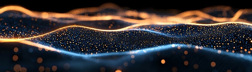 Poster - Abstract glowing waves with orange and blue light trails flowing through sparkling particles against dark background, creating dynamic motion effect for technology designs.