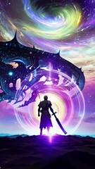 Wall Mural - vertical 9:16 A lone cosmic samurai, wielding a katana forged from stardust, faces off against a monstrous galactic kraken. The creature’s massive glowing tentacles weave through a nebula