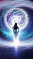 Wall Mural - vertical 9:16 A celestial spirit made of flowing stardust emerges from a swirling cosmic portal. Nebula-like energy radiates from its translucent form, while galaxies spin within its body