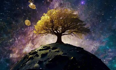 Wall Mural - A massive, ancient tree with golden, shimmering leaves stands alone on a floating asteroid in deep space. Its roots intertwine with glowing crystals, absorbing cosmic energy