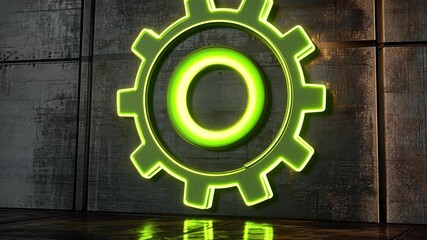 Poster - Neon green gear icon glowing on a textured metal wall, representing industry, technology, and innovation in a modern digital environment