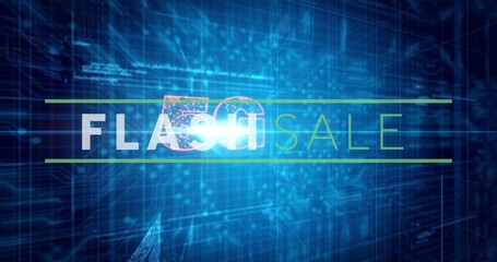 Poster - Flash sale text with digital grid and glowing blue background animation