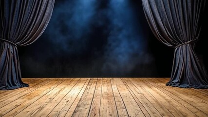 Poster - Dramatic Stage with Black Curtains and Spotlight Illuminating Wooden Floor for Theater Performance or Event Presentation