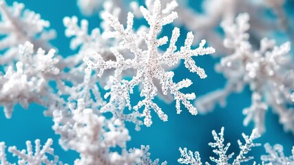 Poster - Close-up View of Delicate Snowflakes on a Blue Background Showcasing Intricate Patterns and Unique Structures of Winter Nature's Artistry
