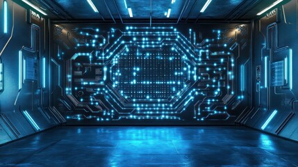 Poster - high-tech metal walls are adorned with glowing neon circuits, intricate patterns background wallpape