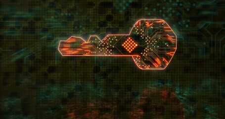 Poster - Animation of glowing digital key with circuit patterns on tech background