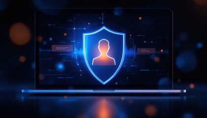 Fototapete - Digital security concept with glowing shield icon on laptop screen