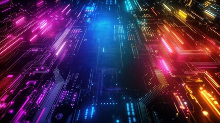 Poster - high-tech metal walls are adorned with glowing neon circuits, intricate patterns background wallpape