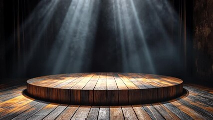 Poster - Dramatic Spotlight Illuminating a Rustic Wooden Stage with Textured Dark Background, Ideal for Performances, Events, and Theater Productions