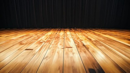 Poster - Empty stage with polished wooden floor and black velvet curtains, perfect for performances or theater productions with dramatic lighting effects