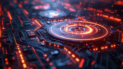 Fototapete - Futuristic glowing orange circuit board with technology elements