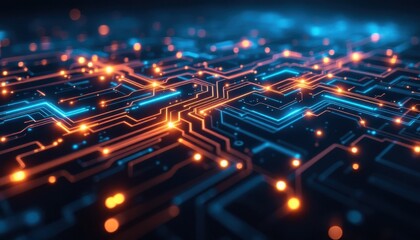 Fototapete - Futuristic digital circuitry with glowing orange and blue lights