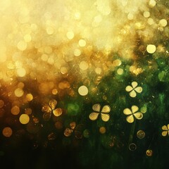 Poster - Abstract golden and green bokeh with clover leaves in sunlight