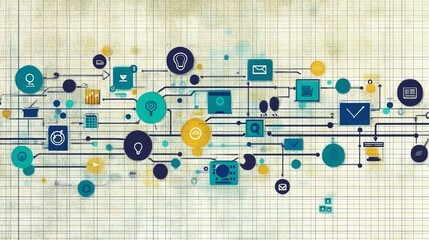 Aufkleber - Abstract Tech Network Design with Connected Icons for Digital Solutions