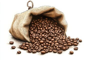 Poster - Burlap sack overflowing with fresh roasted coffee beans symbolizing coffee production and trade in a vibrant market setting