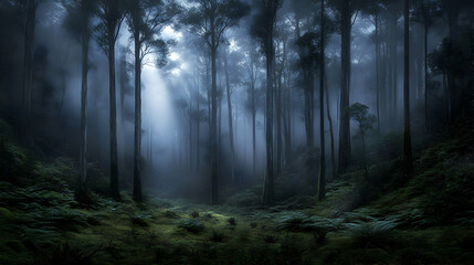  Enchanting misty forest scene at dawn, sunbeams piercing through tall trees and lush ferns. Perfect for fantasy, nature, and mystical themes.