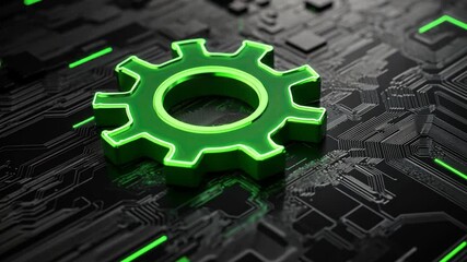Poster - Neon Green Gear on Dark Circuit Board Background Representing Technology, Innovation, and Digital Engineering Concepts in a Futuristic Style