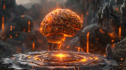Poster - Futuristic brain made from circuit board floating above a technological platform with glowing elements and dark grey background