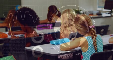 Poster - Children studying in classroom with world map and data graphs animation overlay