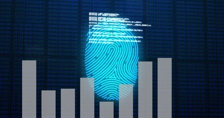 Poster - Fingerprint scanning over digital bar graph with binary code in background animation