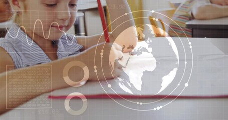 Poster - In school, child drawing with animation and digital globe, exploring data graphics
