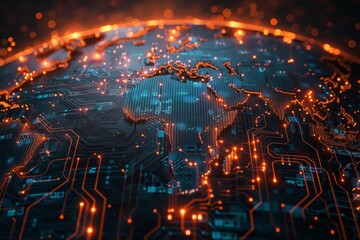 Poster - World map constructed from a circuit board with an artificial intelligence digital backdrop in vibrant orange and blue hues