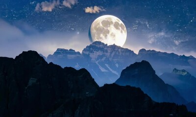 Wall Mural - Timelapse, a glowing full moon rises slowly over a rugged mountain ridge, casting soft silver light across the peaks. The night sky is dotted with stars, creating a serene cinematic view