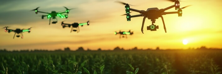 Aufkleber - Futuristic drones survey green agricultural field at sunset utilizing advanced digital sensors for crop monitoring