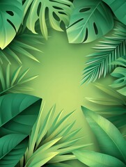 Fototapete - Eco-friendly paper art background featuring layered tropical leaves in vibrant green tones for a natural aesthetic