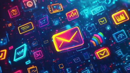 Leinwandbilder - Neon digital icons, email, communication, network, technology, data, internet, digital, 