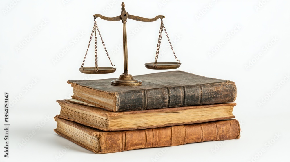 Antique books and scales of justice on white background. Possible use ...