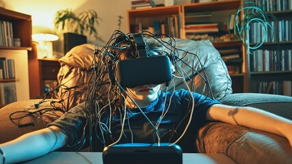 Poster - Immersed in Virtual Reality: A person deeply engrossed in a virtual reality experience, surrounded by tangled wires, signifying the immersive nature of technology and its impact on our world.