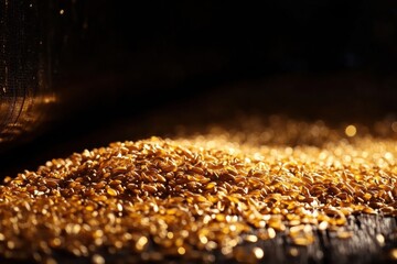 Aufkleber - Close-up of golden wheat grains showcasing warm reflections on a rustic wooden table in soft lighting, highlighting premium food quality and texture