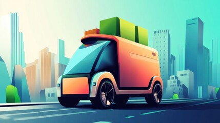 Poster - Futuristic eco-friendly delivery car transporting orders in a vibrant modern cityscape